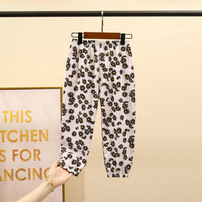 Boy's and Girl's Spring and Summer Casual Pants Children's Autumn Large Size Floral Print Loose Trousers