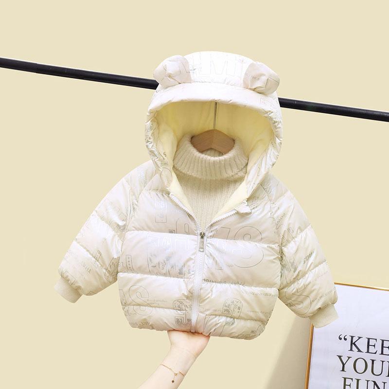 Girls Printing Plus Velvet Padded Cotton Jacket Hooded Winter Short Warm and Windproof Jacket