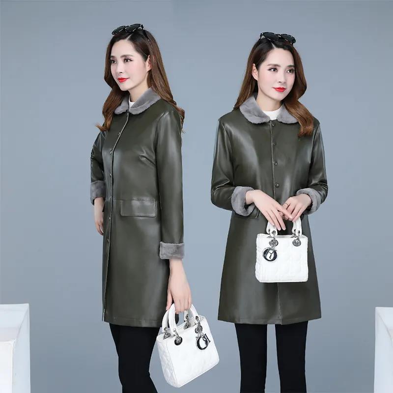 Winter Women's Leather Jacket Fashion Loose Mid-length Leather Jacket Plus Cotton Thick PU Leather Large Size Leather Jacket