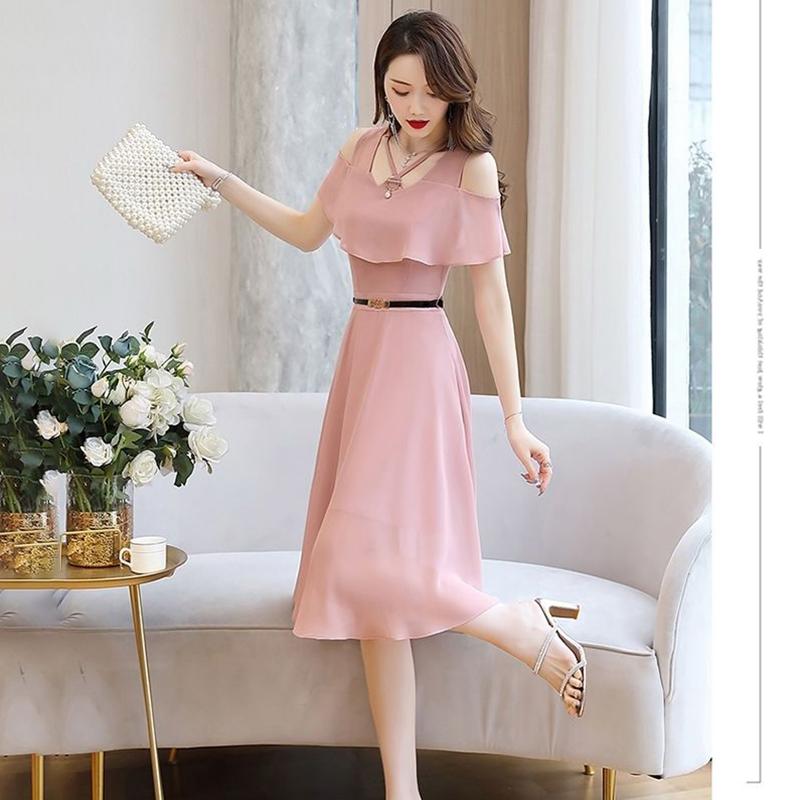 Chiffon Dress Women's Waist Slimming Temperament Strapless Mid-length Skirt A-line Skirt Slimming Chiffon Large Size Dress Mid-length Chiffon Skirt
