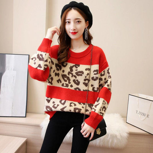 Leopard Print Casual Round Neck Pullover Sweater Women's Outer Wear Autumn  Winter Loose Knit Bottoming Shirt Thick