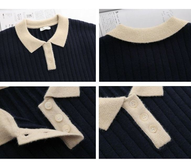Women's Vertical Striped Solid Color Lapel Pullover Sweater Casual Loose Large Size Mid Length Knit Sweater