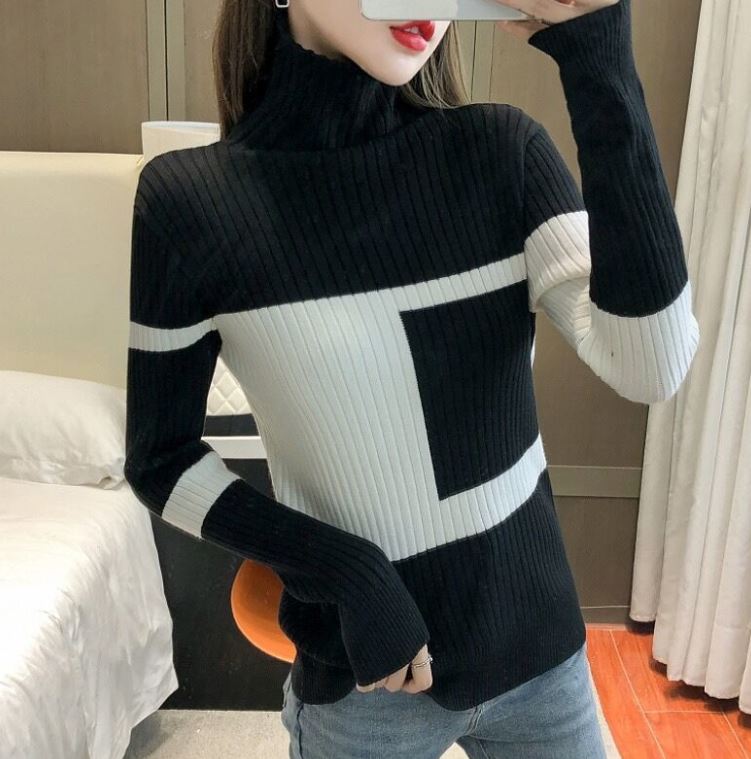 Jacquard Turtleneck Thickened Sweater Women's Autumn and Winter with Foreign Style Pile Collar Knitted Bottoming Shirt
