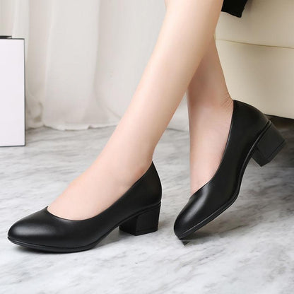 Soft Leather Shoes Women's Round Head Work Shoes Soft Bottom Thick with Comfortable Anti-skates Leather Shoes Black