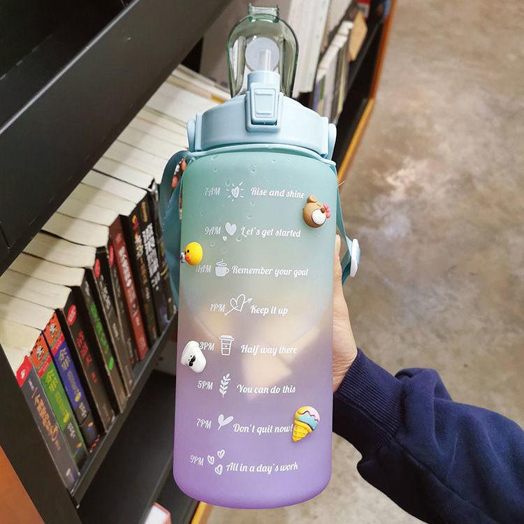 2L Large-capacity Water Bottle with Bounce Lid Timeline Reminder Leak-proof Frosted Cup for Outdoor Sports and Fitness