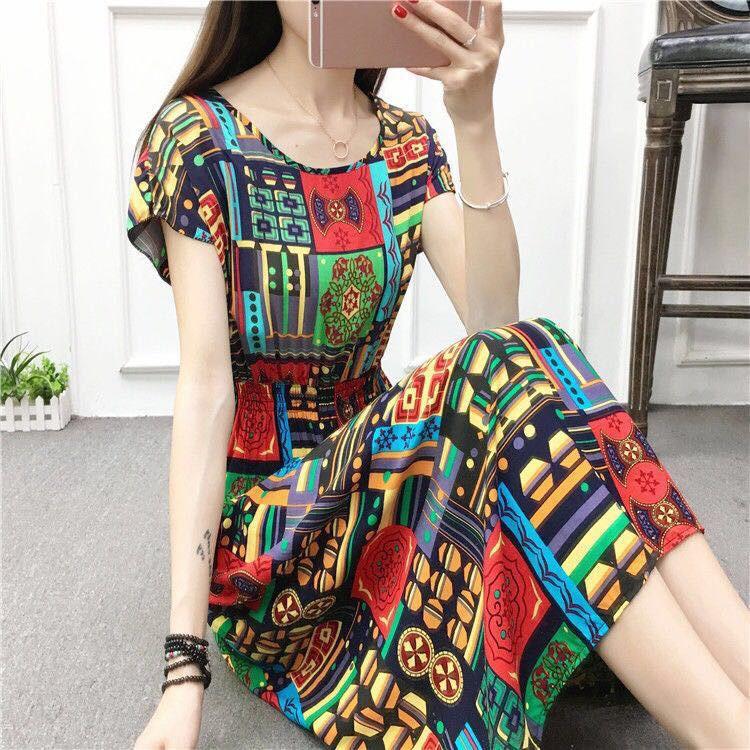 Mid-length Dress Fairy Dress Printed Vest Summer Ethnic Style Cotton Silk Floral Dres Waist Mid-length Dress