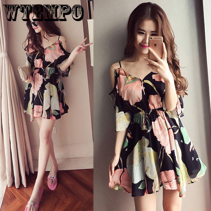Chiffon Floral Dress Female Strapless A Word Skirt Strap Word Shoulder Beach Skirt
