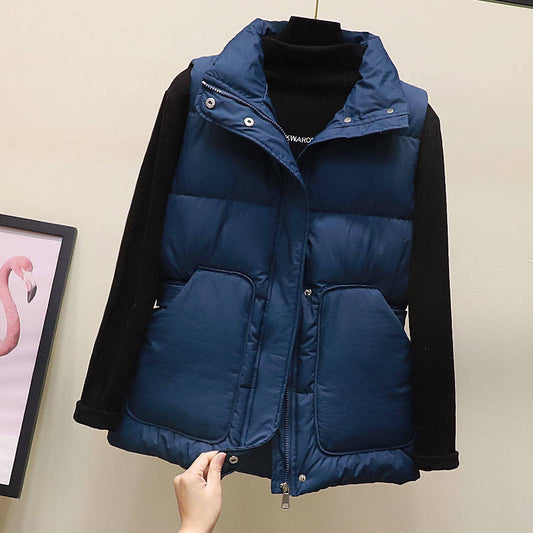 Autumn and Winter Korean Style Temperament Vest Solid Color Stand-up Collar Tie Coat Thickening Short Female Down Cotton Vest