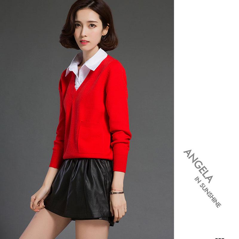 Fake Two-piece Sweater Tops Women's Lapel Pullover Sweater Outer Wear all-mach Loose Short Thick Knitted Sweater OL Style Office Ladies Workwear