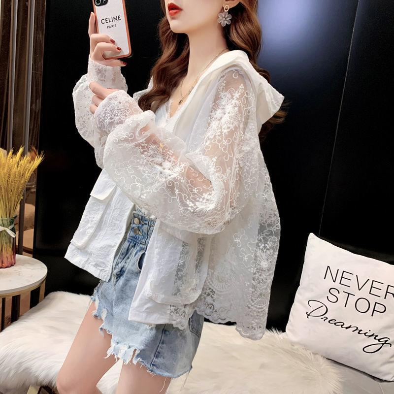 Lace Embroidered Sunscreen Ladies Summer Mesh Splicing Thin Hooded Short Cardigan Top