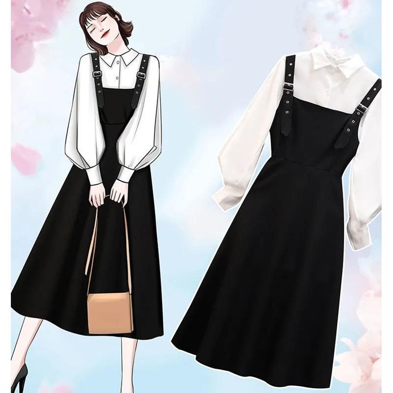 Two-piece Single/large Size Women's Spring  Autumn Suit Women's Fashion Shirt Covering Belly Slimming Dress Women