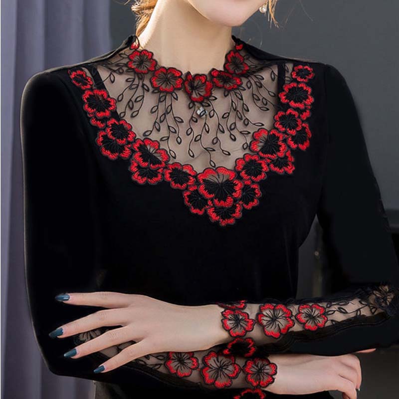 Spring and Autumn Lace Round Neck Bottoming Shirt Women's Long Sleeve Low Neck Top