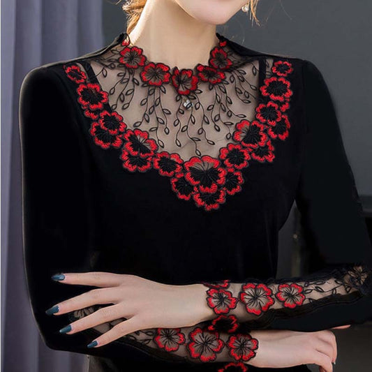 Spring and Autumn Lace Round Neck Bottoming Shirt Women's Long Sleeve Low Neck Top