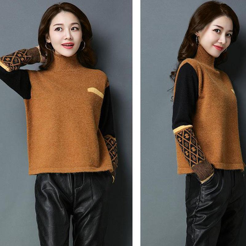 Autumn and Winter Thick Short Sweater Loose Half High Neck Pullover Bottoming Shirt Color Matching Knitted Women Sweater