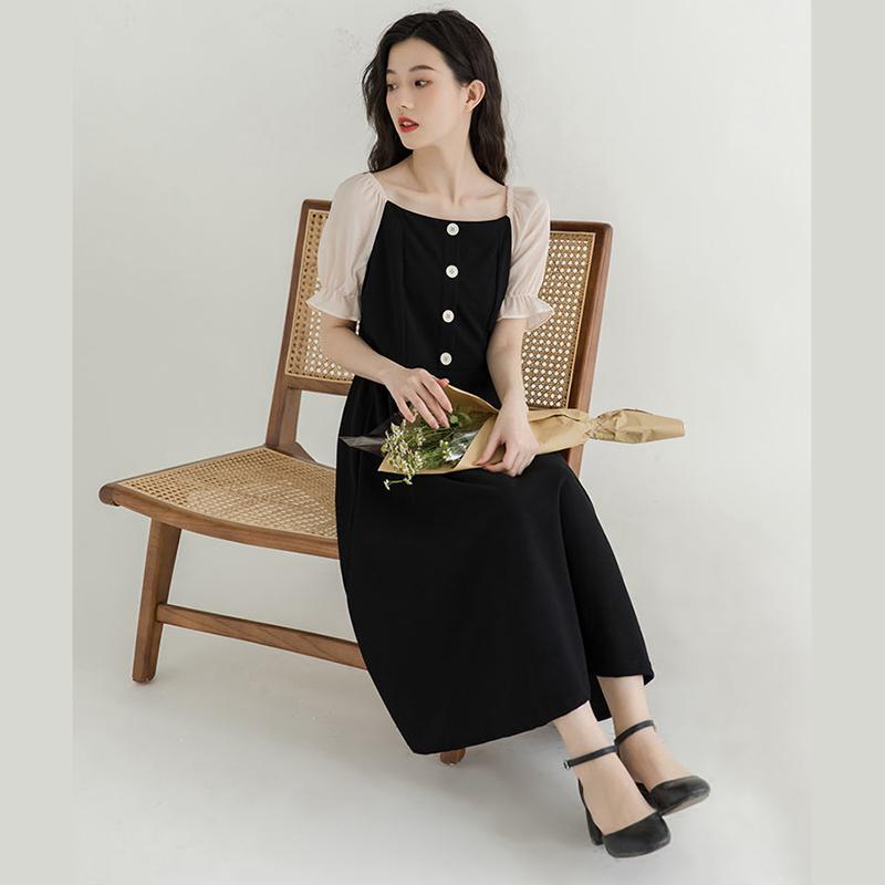 French Retro Style Sexy Black Woman Square Collar Puff Short Sleeves Wedding Part Mid-calf Dress