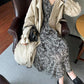 Floral Dress Black Over The Knee Long Sleeve Dress Women French Retro V-neck Summer Chiffon Skirt