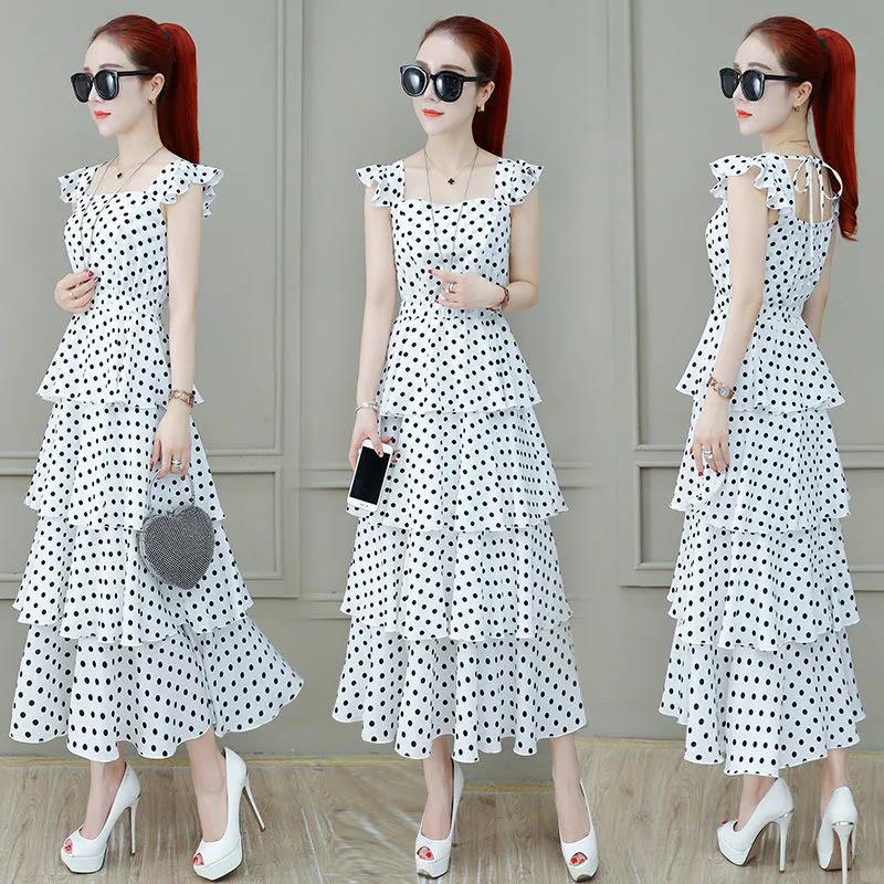 Women's Summer Dress Chiffon Polka Dot Square Collar Sleeveless Long Dress