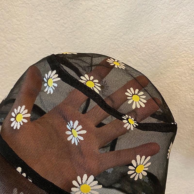 Embroidery Daisies Lace Fisherman Hat Bucket Hat Women Transparent Mesh Fashion Summer Outdoor Sun Hat