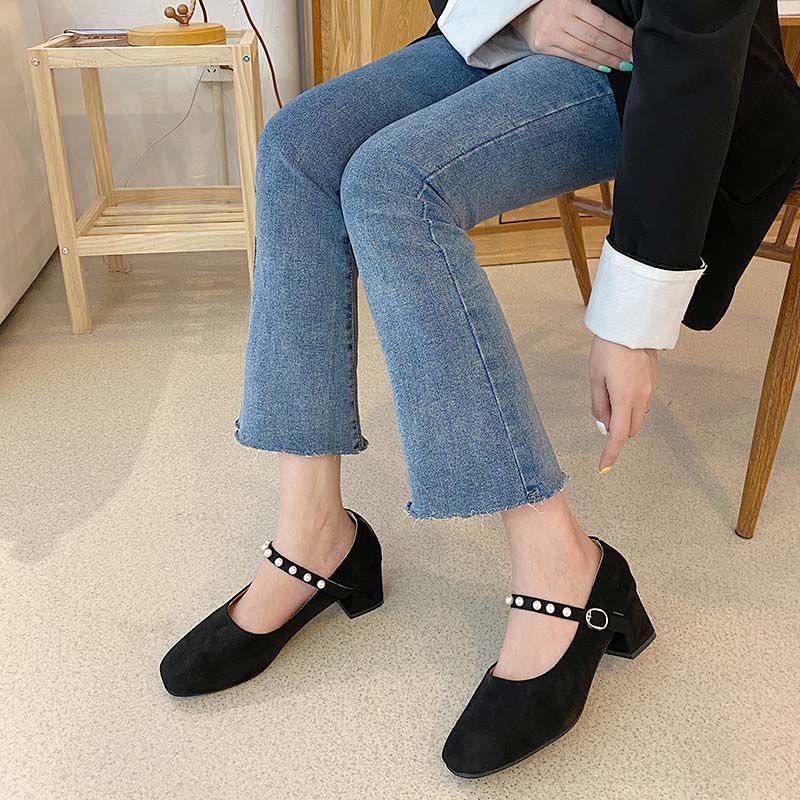 Square-toed Single Shoes Women's Wild Fashion Pumps Autumn Girl Thick-heeled French High Heels