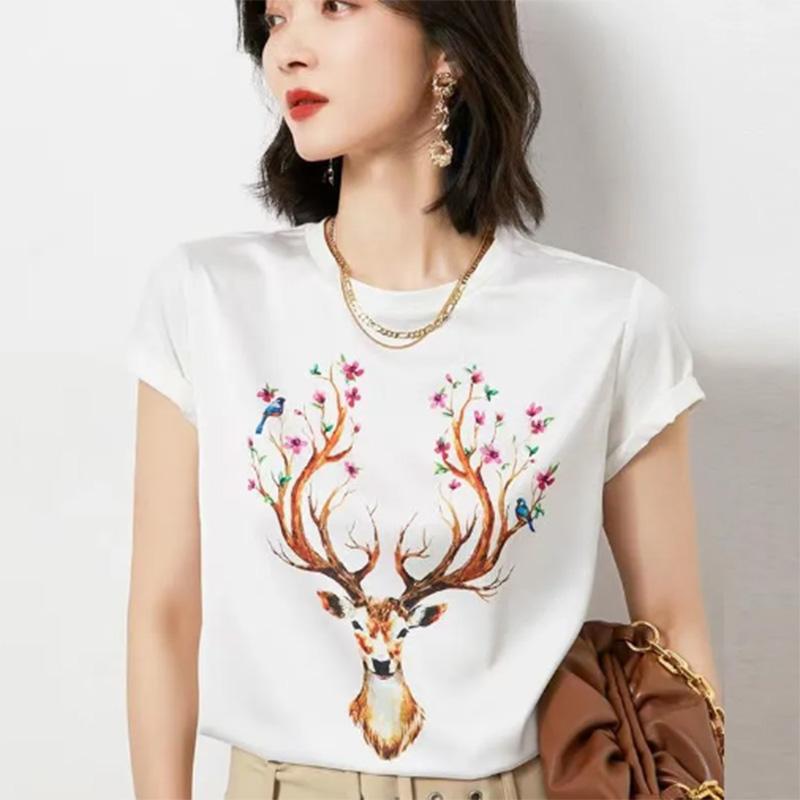 Skin-friendly Silky Imitation Silk Short-sleeved T-shirt Women's Printed Summer Shirt Korean Version Loose and Thin Top