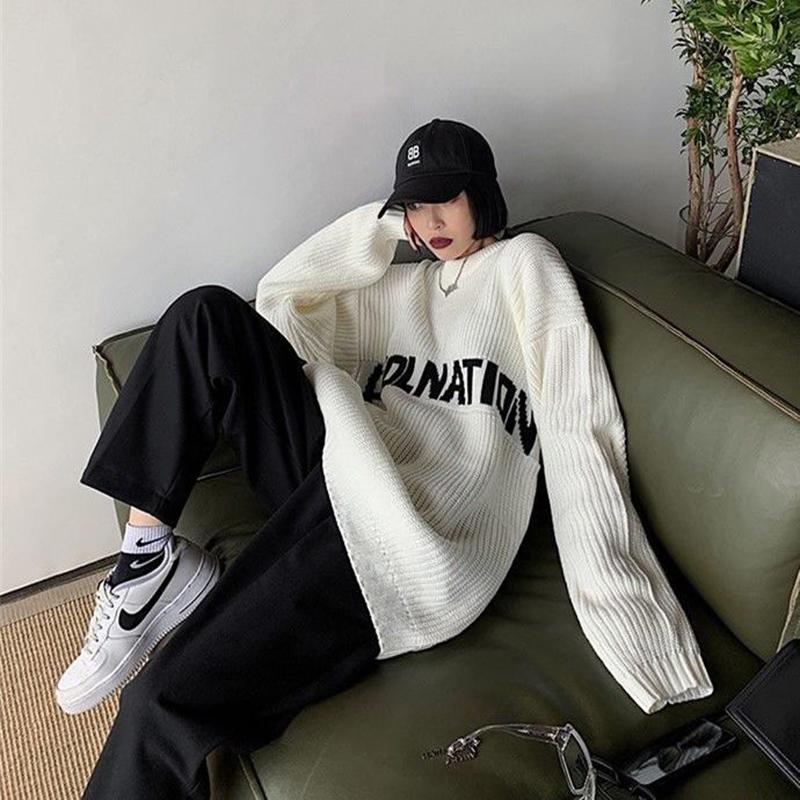 Autumn Winter  Women Fashion Sweater Casual Knitting Sweater Letters Jacquard Round Neck Pullovers Loose  Long Sleeve Sweater