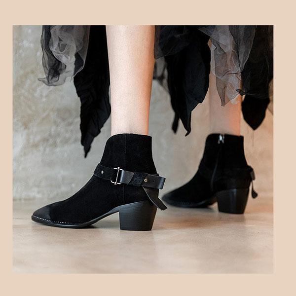 Vintage Pointed Suede Boots British Style Soft Chelsea Boots Thick Heel Plus Velvet Ankle Boots