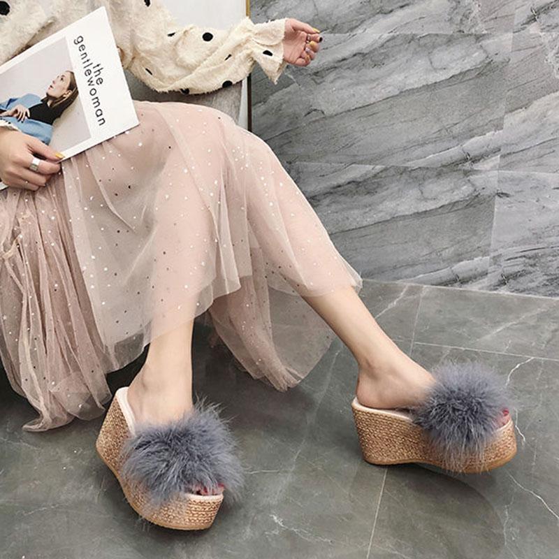 Fur Slippers Women Fluffy Sliders Comfort Summer Wedge Heeled Slippers Sweet Ladies Platform Slippers Footwear