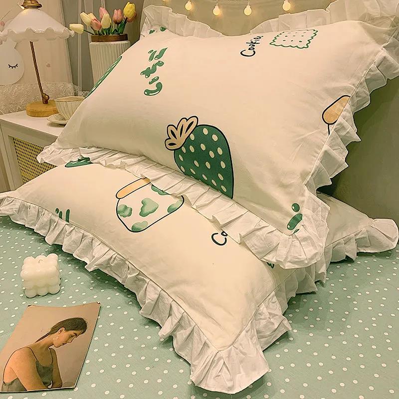 Princess Style Print Pillowcase Korean Style Fashion Lace Soft Pillow Core Cover A Pair of Cotton Pillowcases for Adults