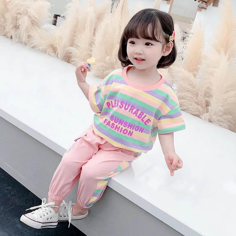 Girls Cute Striped Short Sleeve Casual Pants Suit Summer Baby Rainbow Print Breathable Comfortable Soft Two-piece Set