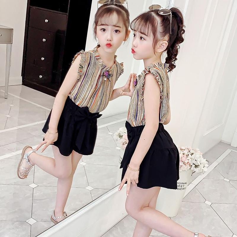 2PCS Children Clothing Set Spring Summer Girls Suits Printing Sleeveless Stripe Tops + Pants Clothing Set