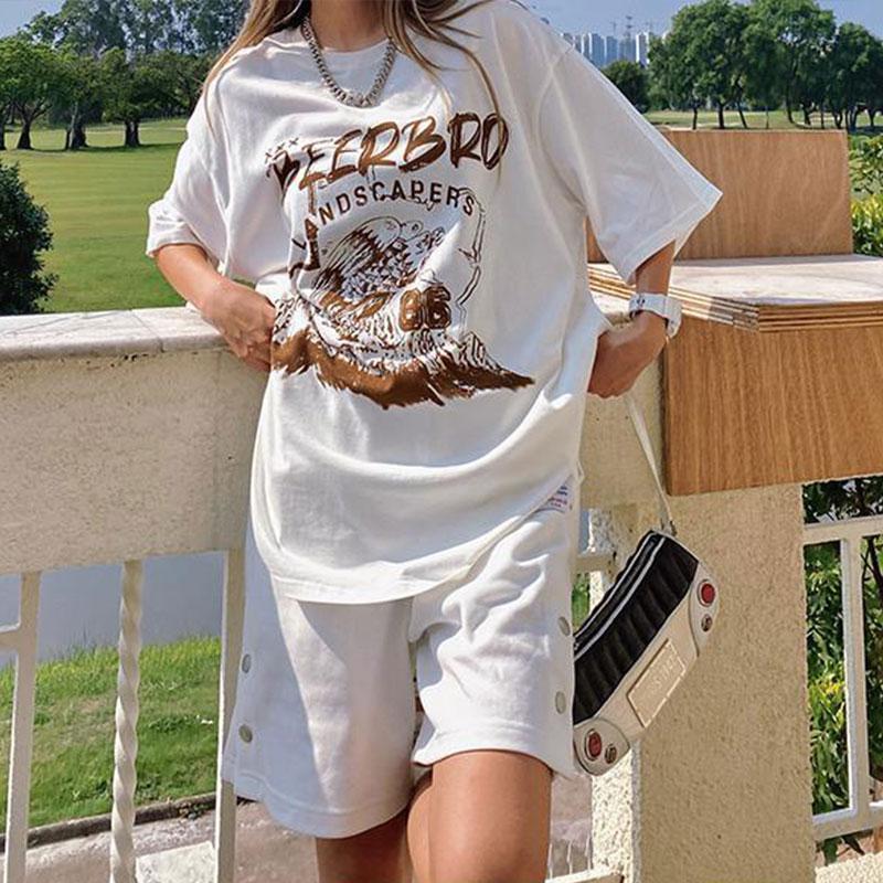 100% Cotton White T-shirt Women Retro Print Short-sleeved T-shirt Loose Street Casual Couple Tops