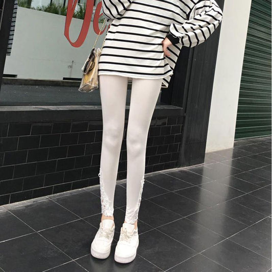 Leggings and Trousers Wearing New Lace High Waist Thin Stretch Tight-fitting All-match Spring and Autumn Cropped Trousers Thin Section