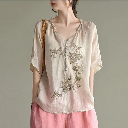 Women's Summer Embroidered Top V-Neck Short Sleeve Large Size Loose T-Shirt