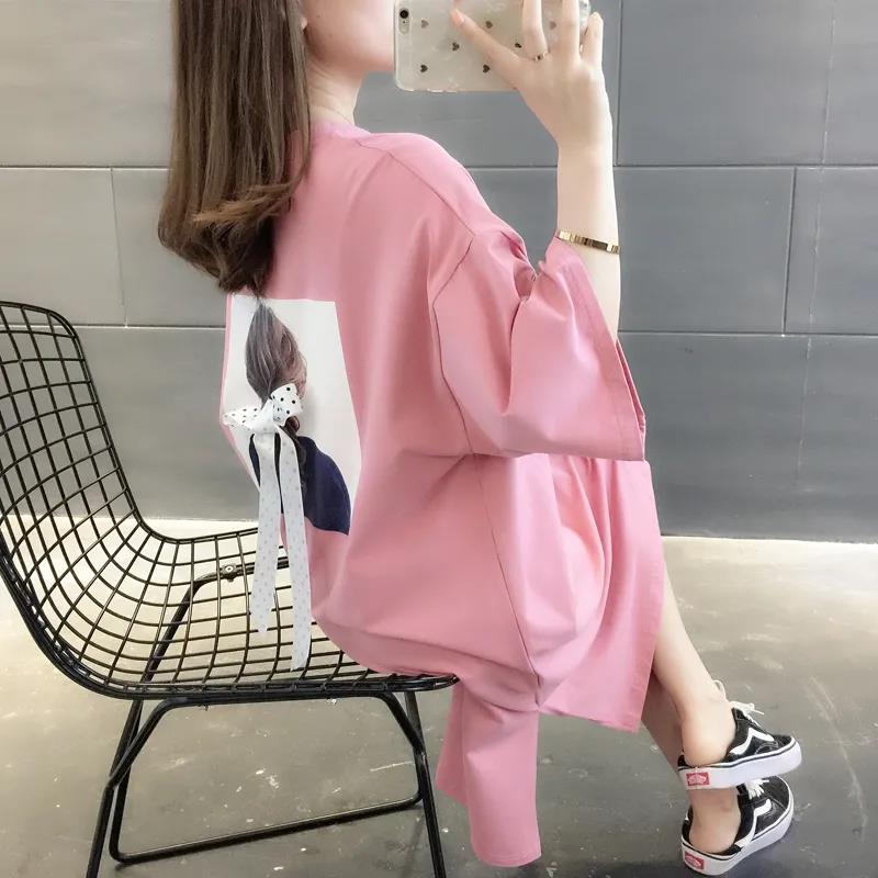 Long Split Back Bow Women Dress Girl Loose O-Neck Batwing Sleeve Casual T-shirt Dress Big Loose