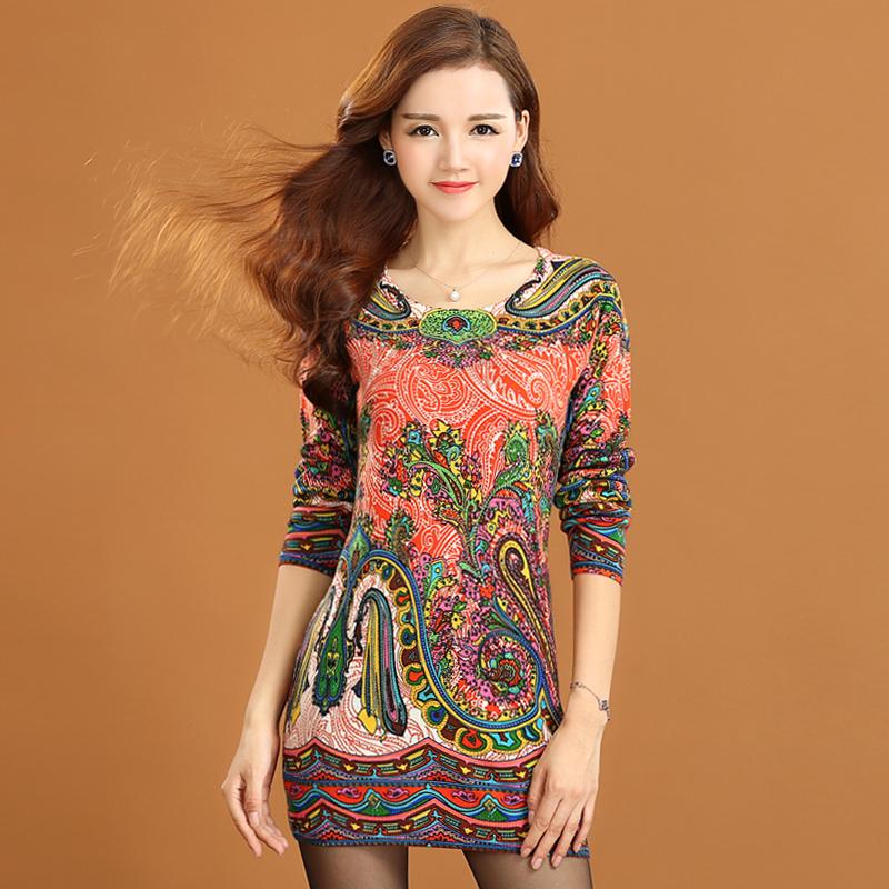 Vintage Printed Cashmere Sweater Women's Mid-length Wool Sweater Bottoming Outer Wear  Plus Size Slim Pullover Sweater Dress