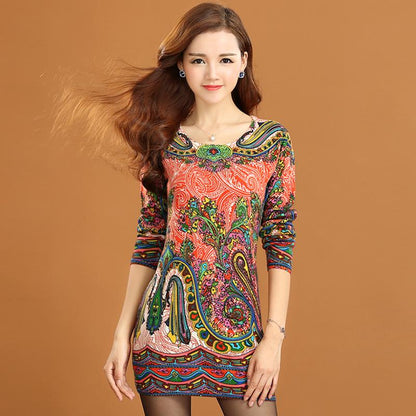 Vintage Printed Cashmere Sweater Women's Mid-length Wool Sweater Bottoming Outer Wear  Plus Size Slim Pullover Sweater Dress