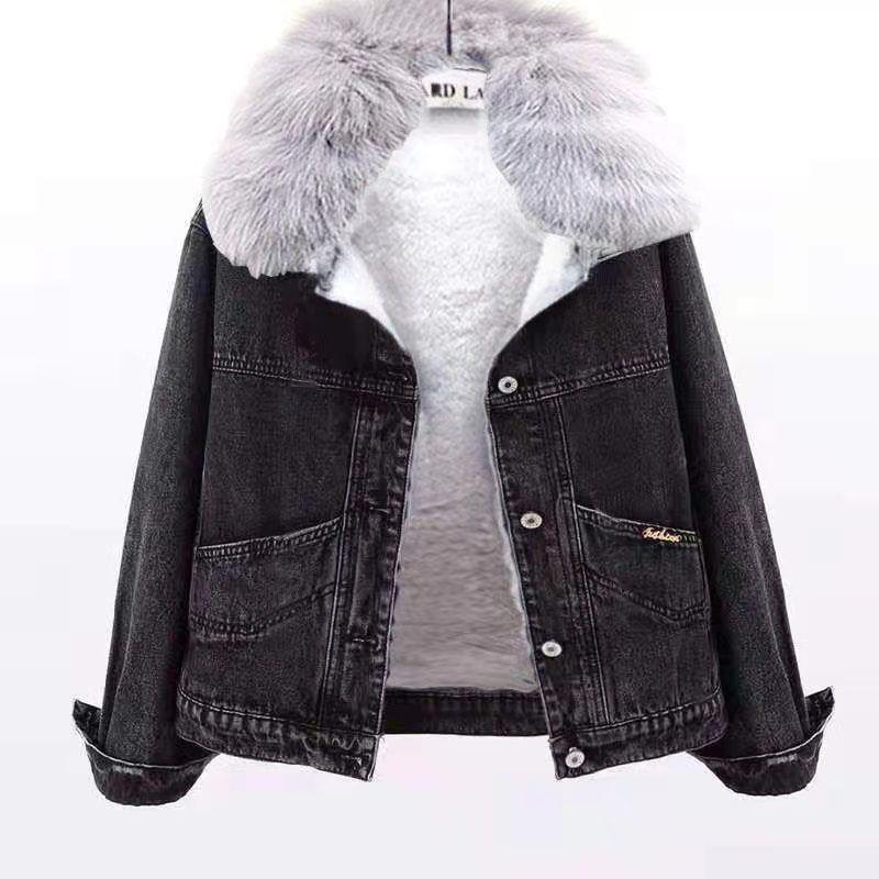 Hooded Denim Jacket Women Plus Velvet Loose Lamb Velvet Jacket Warm All-match Short Cotton Jacket Comfortable and Warm Women's Jacket