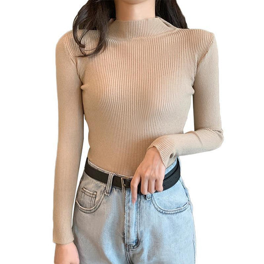 Autumn and Winter Long-sleeved  All-match Solid Color Korean Half Turtleneck Sweater Student Slim Knit Bottoming Shirt Top Women