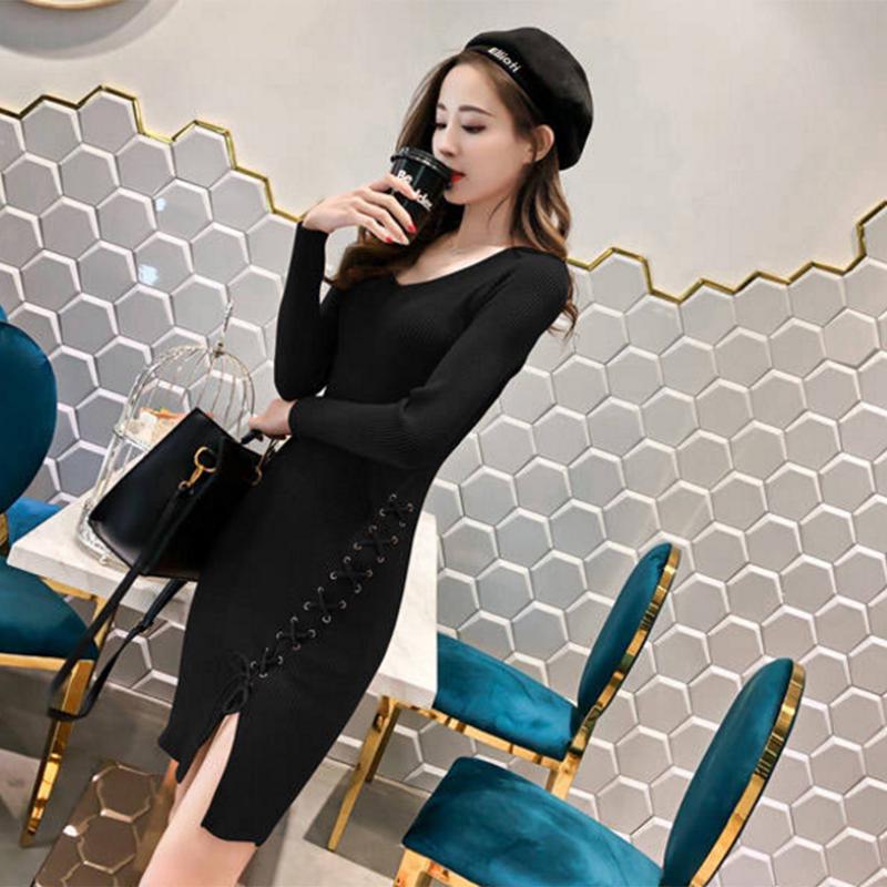 Pofulove Hip Sweater Dress Winter Women's Slim Fit Hedging Mid-length Bottoming Knitted Sweater