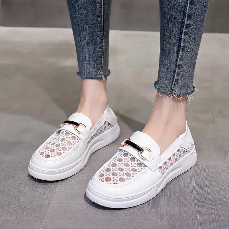 Women's Casual Flat White Shoes All-match Thin Section Breathable Loafers Women's Hollow Leather Shoes Comfortable and Breathable