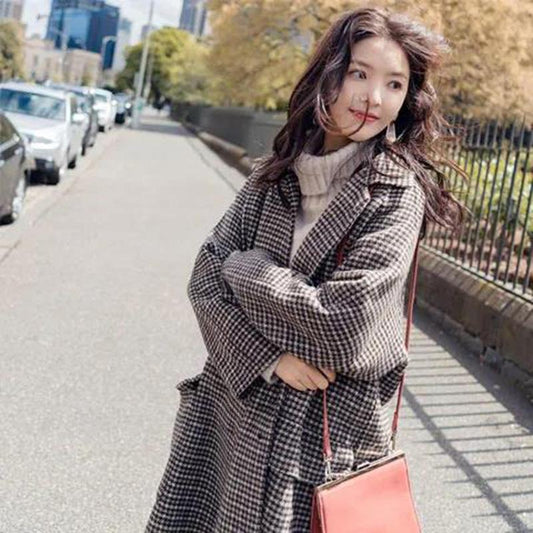 Loose Woolen Coat Women's Mid-length Houndstooth Coat Women's Autumn and Winter Models All-match Loose Mid-length Coat