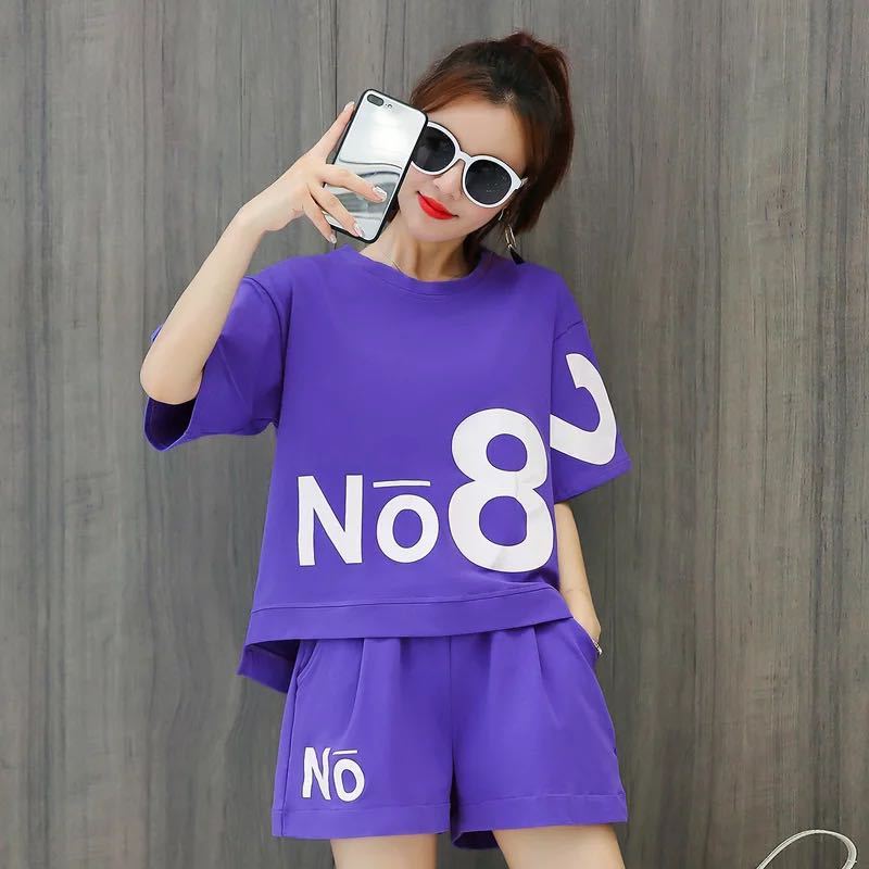 Pure Cotton Casual Sportswear Suit Women's Summer Printing Loose Short-sleeved Shorts Running Two-piece Home Comfort Suit