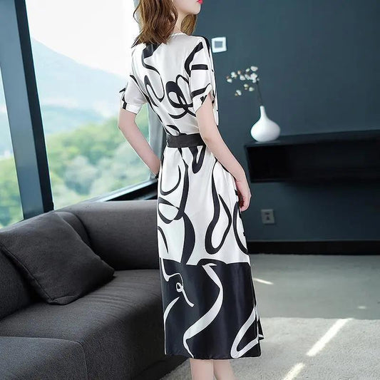 Women's Summer Short Sleeve Dress Large Size Loose Print Round Neck Tie Skirt