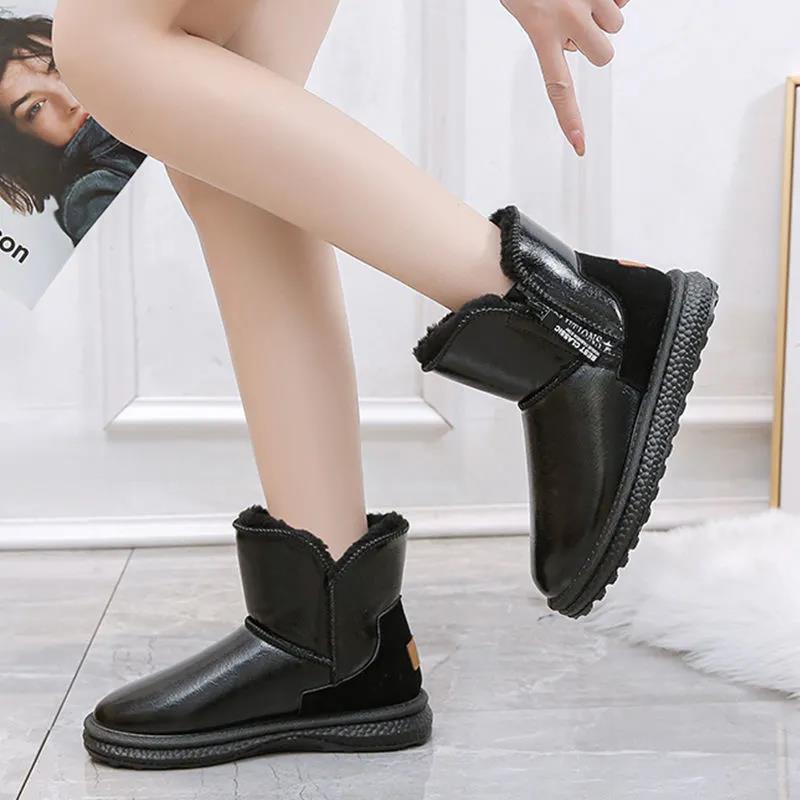 Leather Snow Boots Women Winter Short Tube Shoes Waterproof Non-slip Short Boots Plus Velvet Thick Outdoor Cotton Shoes