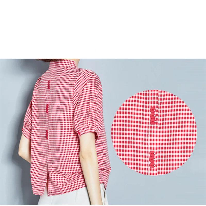 Short-sleeved Plaid Chiffon Shirt Women's Niche Design V-neck  Belly-covering Shirt