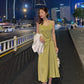 Female Spring and Summer French Elegant Waist Slim Satin Solid Soft Long Suspender Dress