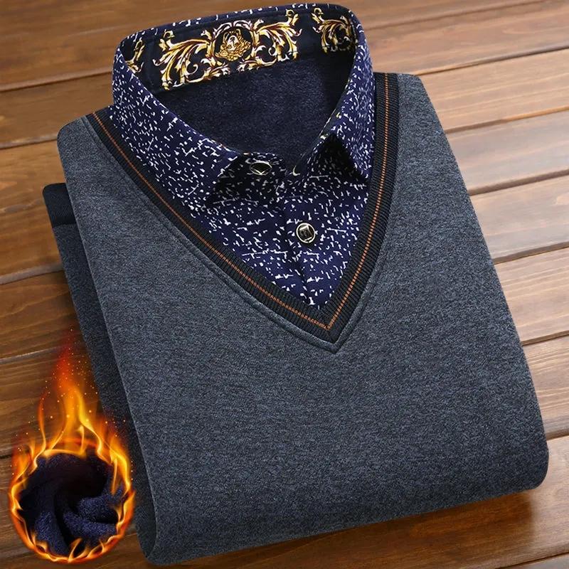 Men's Autumn and Winter Plus Velvet Thick Shirts Fake Two-piece Sweater Comfortable Warm Knitwear Bottoming Shirt Top Printing Business T-shirt