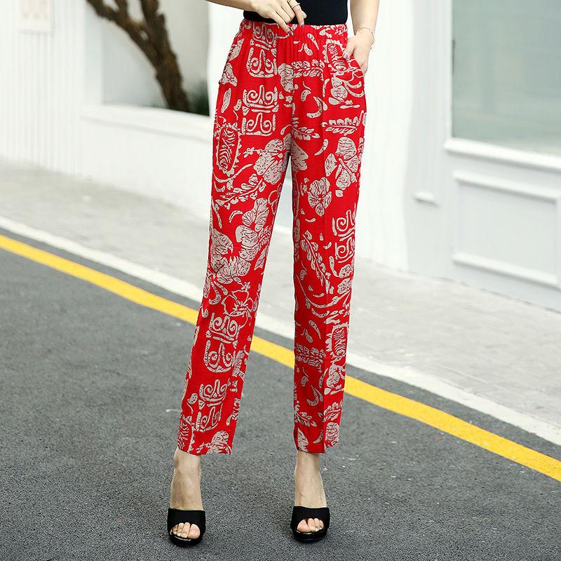 Summer Women's Pants Women's Flower Pants Large Size Elastic Waist Straight Pants Middle-aged Printed Fashion Casual Pants Summer