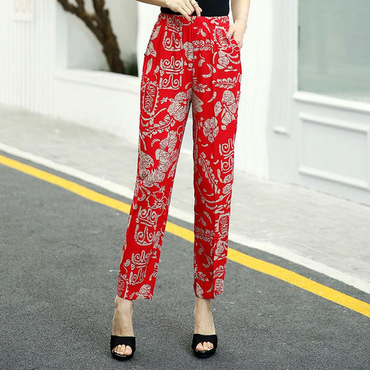 Summer Women's Pants Women's Flower Pants Large Size Elastic Waist Straight Pants Middle-aged Printed Fashion Casual Pants Summer