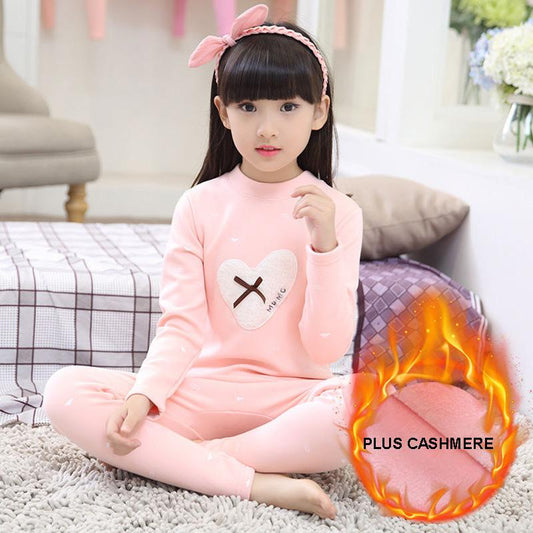 Winter Thermal Underwear Suit Little Girl Baby Pure Cotton Plus Velvet Thick Autumn Clothes Long Trousers